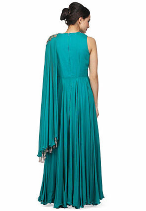 Embroidered Viscose Georgette Gown in Teal Green