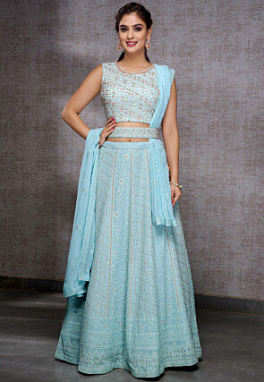 Embroidered Viscose Georgette Lehenga in Blue