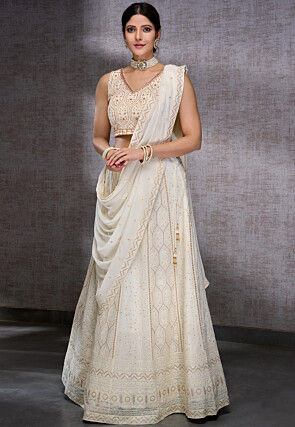 Embroidered Viscose Georgette Lehenga in Off White