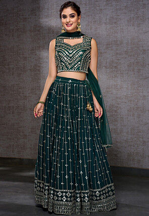 Embroidered Viscose Georgette Lehenga in Teal Green