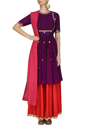 Embroidered Viscose Georgette Lehenga in Violet