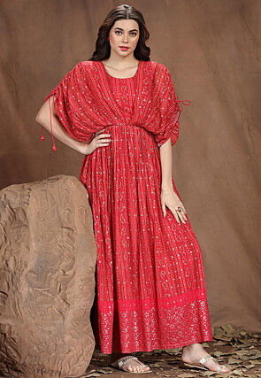 Embroidered Viscose Georgette Long Flared Dress in Red
