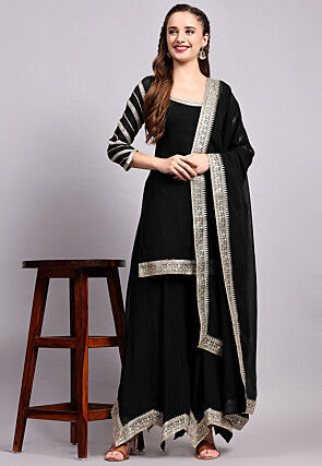 Embroidered Viscose Georgette Pakistani Suit in Black