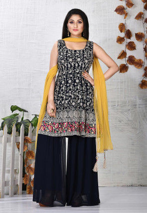 Embroidered Viscose Georgette Pakistani Suit in Navy Blue