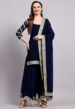 Embroidered Viscose Georgette Pakistani Suit in Navy Blue