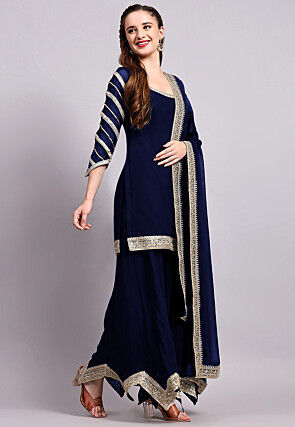 Embroidered Viscose Georgette Pakistani Suit in Navy Blue