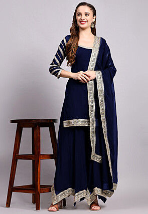 Embroidered Viscose Georgette Pakistani Suit in Navy Blue