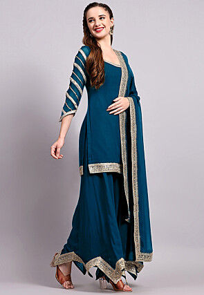 Embroidered Viscose Georgette Pakistani Suit in Teal Blue