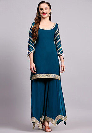 Embroidered Viscose Georgette Pakistani Suit in Teal Blue
