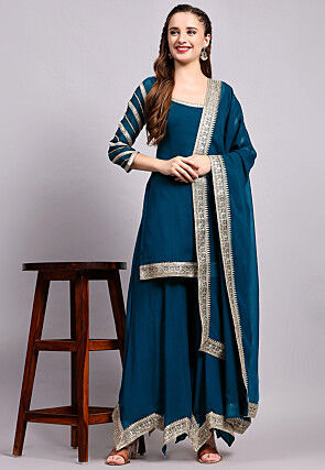 Embroidered Viscose Georgette Pakistani Suit in Teal Blue