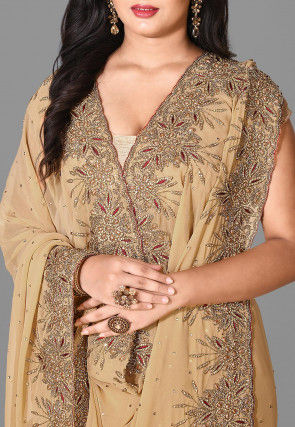 Embroidered Viscose Georgette Saree in Beige