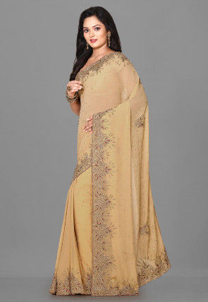 Embroidered Viscose Georgette Saree in Beige