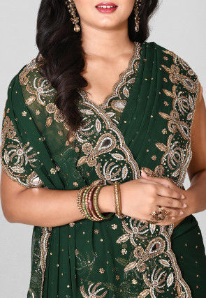 Embroidered Viscose Georgette Saree in Dark Green