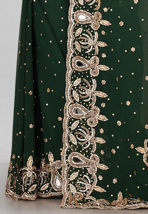 Embroidered Viscose Georgette Saree in Dark Green