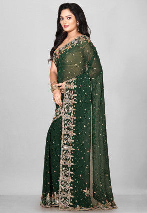 Embroidered Viscose Georgette Saree in Dark Green