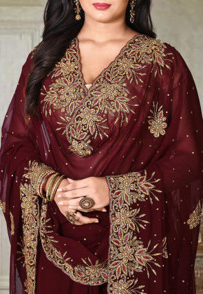 Embroidered Viscose Georgette Saree in Maroon
