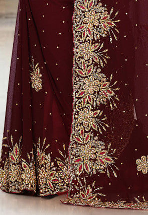 Embroidered Viscose Georgette Saree in Maroon