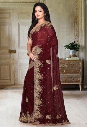 Embroidered Viscose Georgette Saree in Maroon