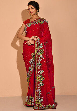 Embroidered Viscose Georgette Saree in Red