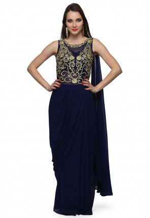 Embroidered Viscose Georgette Saree Style Gown in Navy Blue