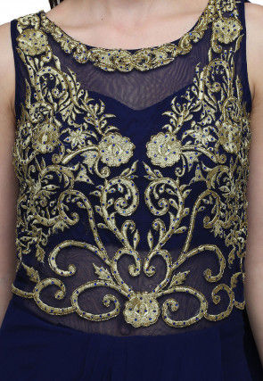 Embroidered Viscose Georgette Saree Style Gown in Navy Blue