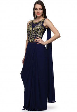 Embroidered Viscose Georgette Saree Style Gown in Navy Blue