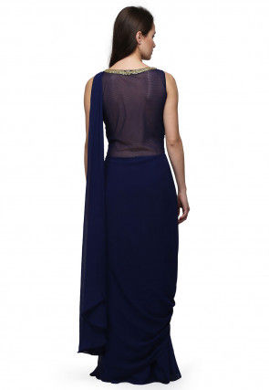 Embroidered Viscose Georgette Saree Style Gown in Navy Blue