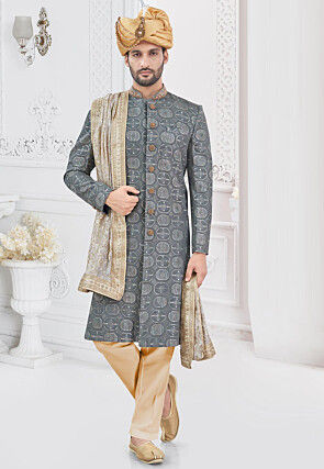 Embroidered Viscose Georgette Sherwani in Grey