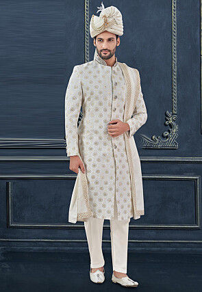 Embroidered Viscose Georgette Sherwani in Off White