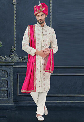 Embroidered Viscose Georgette Sherwani in Off White