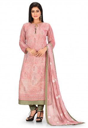 Embroidered Viscose Georgette Straight Suit in Pink