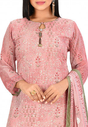 Embroidered Viscose Georgette Straight Suit in Pink