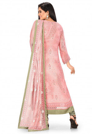 Embroidered Viscose Georgette Straight Suit in Pink