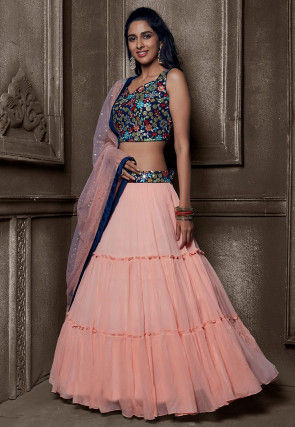 Embroidered Viscose Georgette Tiered Lehenga in Peach