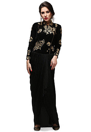Embroidered Viscose Gown in Black