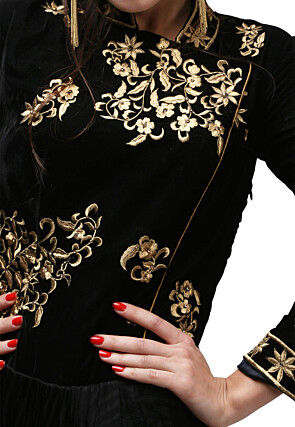 Embroidered Viscose Gown in Black