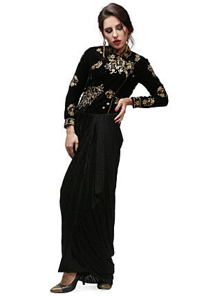 Embroidered Viscose Gown in Black
