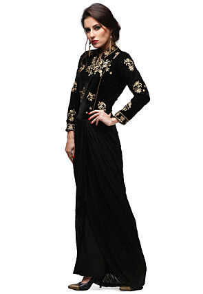 Embroidered Viscose Gown in Black