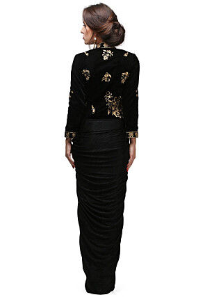 Embroidered Viscose Gown in Black
