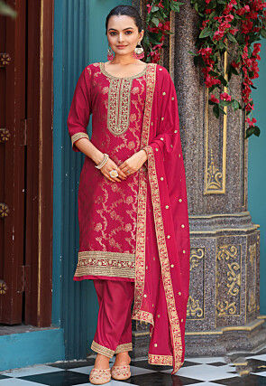 Embroidered Viscose Jacquard Pakistani Suit in Fuchsia