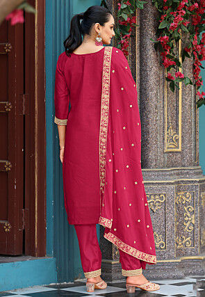 Embroidered Viscose Jacquard Pakistani Suit in Fuchsia