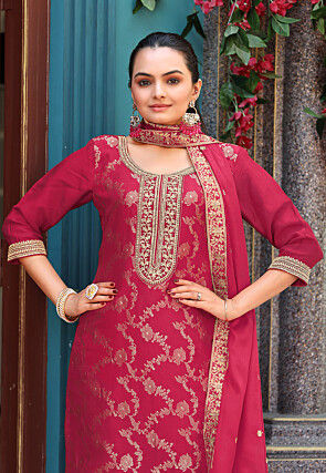 Embroidered Viscose Jacquard Pakistani Suit in Fuchsia