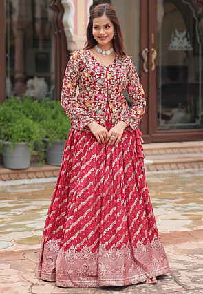 Embroidered Viscose Jacquard Top Set in Red