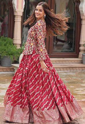 Embroidered Viscose Jacquard Top Set in Red