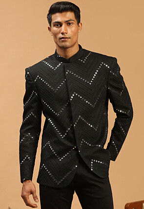 Embroidered Viscose Jodhpuri Jacket in Black