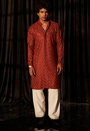 Embroidered Viscose Kurta Set in Red