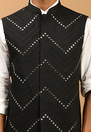 Embroidered Viscose Nehru Jacket in Black
