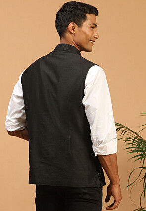 Embroidered Viscose Nehru Jacket in Black