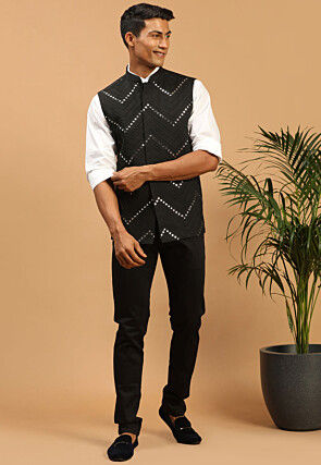 Embroidered Viscose Nehru Jacket in Black