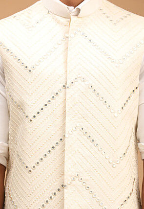 Embroidered Viscose Nehru Jacket in Cream